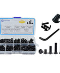 All In One Must Have M4 Button Head Socket Cap Screw Kit With 300Pcs Mixed Lengths 6mm 8mm 10mm 12mm 16mm 20mm Nuts Washers And 1 Hex Allen Wrench Black Zinc Plated Anti Rust Upgrade From WZHUIDA, showing contents in clear case.