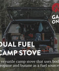 Dual Fuel Camping Stove For Propane Or Butane With Piezo Ignition in action, displayed in truck with gear for outdoor cooking.