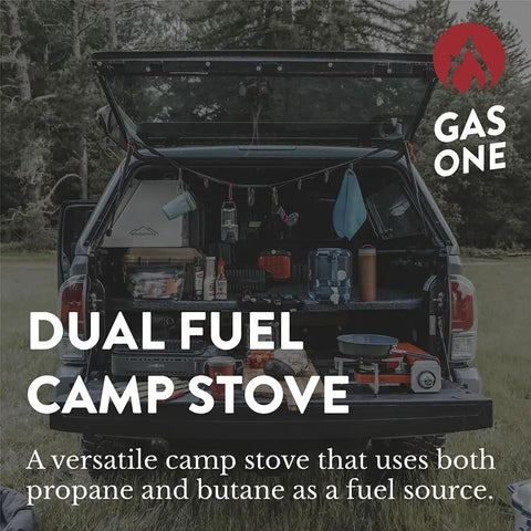 Dual Fuel Camping Stove For Propane Or Butane With Piezo Ignition in action, displayed in truck with gear for outdoor cooking.