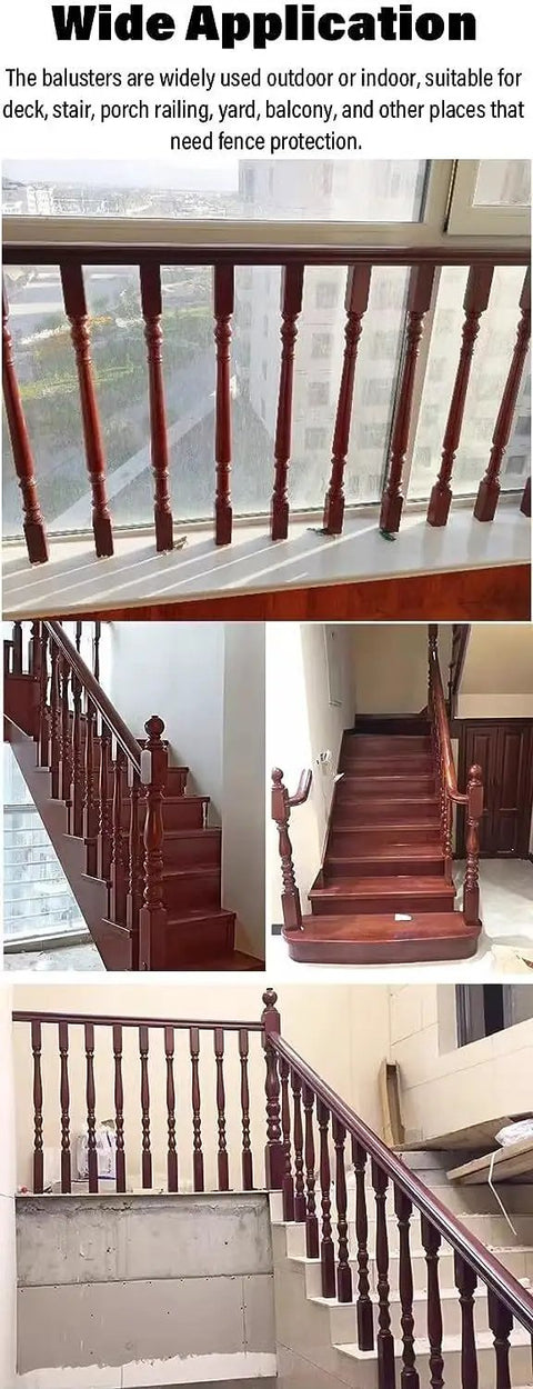 Heavy Duty Wood Stair Balusters And Deck Railing Spindles 95 Cm Height shown on stairs and balcony for outdoor patio handrail system.