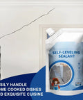 Self-leveling sealant in 500ml pouch for waterproof coating to fix cracks, included is a visible wall crack.