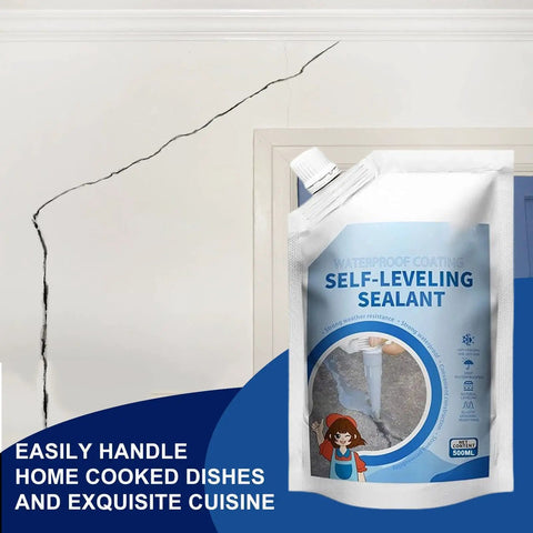 Self-leveling sealant in 500ml pouch for waterproof coating to fix cracks, included is a visible wall crack.