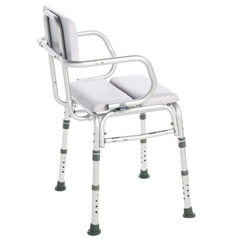 Deluxe Comfy Padded Shower Chair With Backrest And Arms Waterproof Cushioned Seat For Comfort And Safety, side view.