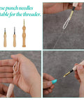 10 Pack Long Needle Threaders 7.87 Inch Long Pulling Hook Tools For Embroidery Floss Stitching DIY Sewing Craft Beadwork Punch Needle Projects Hair Extensions Cross Stitch And More shown in use.