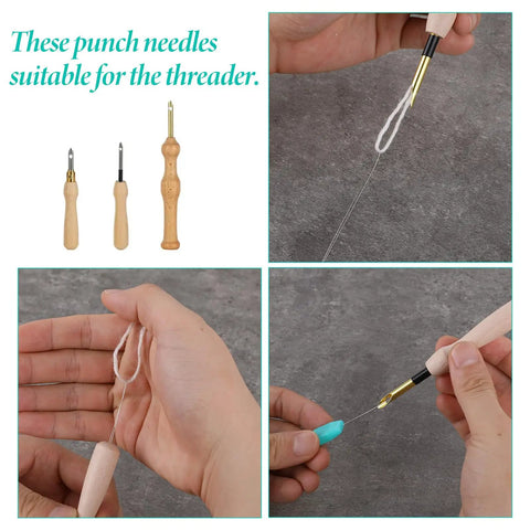 10 Pack Long Needle Threaders 7.87 Inch Long Pulling Hook Tools For Embroidery Floss Stitching DIY Sewing Craft Beadwork Punch Needle Projects Hair Extensions Cross Stitch And More shown in use.