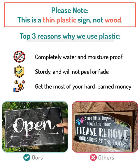 Comparison of an "Open" sign on thin plastic vs. an alternative; features Open Closed Sign For Biz 12x8 Inch PVC Plastic Double Sided Hanging Sign Waterproof Durable Display For Hours And Traffic Guidance With High Precision Printing Ideal For Retail Stores Offices And Front Doors products.