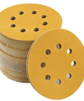 Front view of yellow Aiyard 5-inch 8-hole sanding discs, 220-grit, stacked