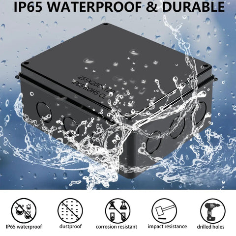 Hella Durable IP65 Waterproof ABS Junction Box Equipped With Two M24 Cable Glands For Heavy Duty Outdoor Electrical Setups And Custom Electronic Project Enclosures Premium Black Measuring Ten By Seven Point Nine By Four Point Seven Inches with water splashing.