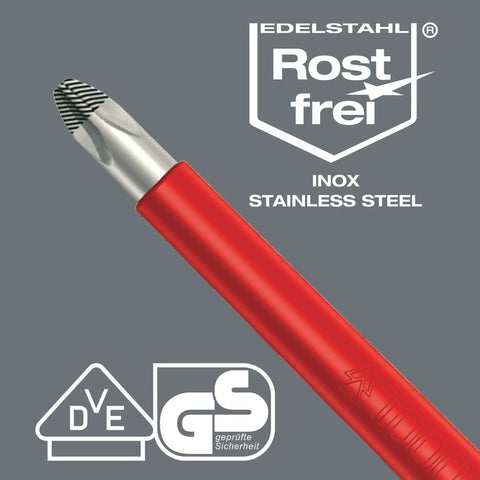 Close-up of insulated VDE stainless screwdriver from a set, showing ergonomic Kraftform handle and precision magnetic tip.