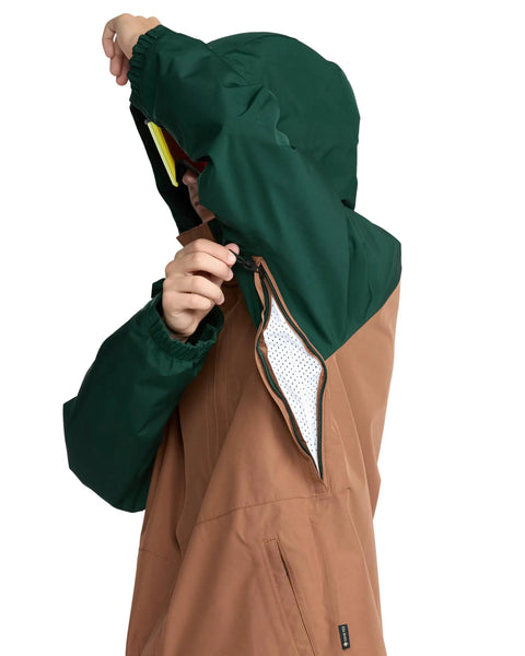 GORE-TEX 2 Layer Ski And Snowboard Jacket XXL hood adjusted, 20K waterproof, fully taped seams, Terra Brown with green hood.