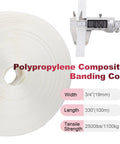 3/4 inch by 330 feet polypropylene wrap from Heavy Duty Packaging Strapping Kit With Upgraded Steel Tensioner, 2500 lbs break strength.