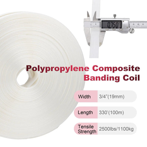 3/4 inch by 330 feet polypropylene wrap from Heavy Duty Packaging Strapping Kit With Upgraded Steel Tensioner, 2500 lbs break strength.