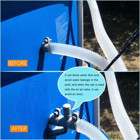 Comparison of pool pipe holder and air jet valve cap replacement kit for above ground pools, before and after installation. Compatible with C1000 valves and air inlet adapters includes black cap plug and play with 1500 2500 and 4000 GPH pumps.