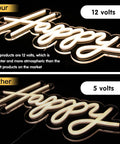Lit Happy Birthday Neon Sign LED Light For Wall Backdrop Decoration With Split Design Reusable Approximately Forty Inch Total Length White Neon comparison of 12 volts vs 5 volts