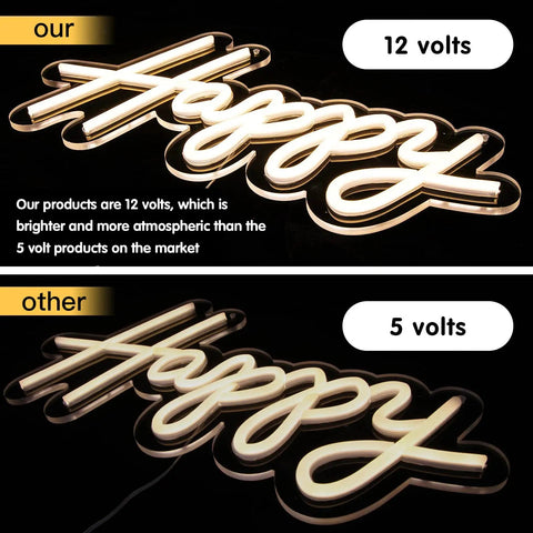 Lit Happy Birthday Neon Sign LED Light For Wall Backdrop Decoration With Split Design Reusable Approximately Forty Inch Total Length White Neon comparison of 12 volts vs 5 volts