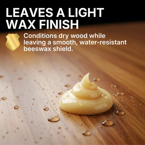 Native Bee Wax Wood Polish And Conditioner Blended With Bright Orange Oil Keep Your Furnishings Straight Up Pristine Restore Deep Color And Smooth Grain For A Clean Slick Shine 8 Oz on wooden surface with water droplets.
