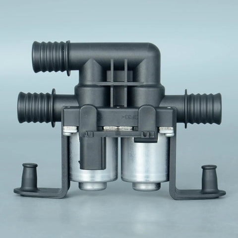 Coolant Temperature Control Valve And Heater Actuator Straight Bolt On Swap For Bmw X5 E53 E70 F15 X6 E71 F16 2004 To 2014 3.0L 4.4L 4.8L Motors front view with hoses and metal details.