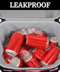 Open insulated picnic backpack lunch bag with ice and red cans, showcasing leakproof lining.
