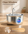 Stainless Steel Cat Water Fountain 88oz 2.6L Quiet Indoor Pet Water Dispenser with clear water level window