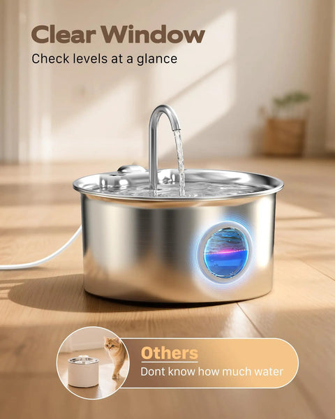 Stainless Steel Cat Water Fountain 88oz 2.6L Quiet Indoor Pet Water Dispenser with clear water level window