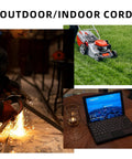 Outdoor use of 50 Ft Outdoor Extension Cord 12 Gauge 3 Conductor SJTW Heavy Duty Black Cable with lawn mower and tools.