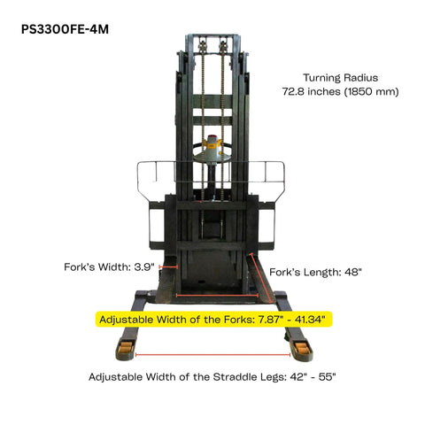 Industrial Grade Electric Straddle Stacker Rated For 3300 Lb Capacity With 157 Inch Lift, showing adjustable fork widths.
