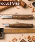 Knockout Dual Bevel Marking Knife Kit Crafted For Serious Woodworkers Featuring Razor Sharp Stainless Blades And Grip Ready Oak Knobs shown with ruler, sizes 7.6in and 8.5in.