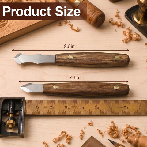 Knockout Dual Bevel Marking Knife Kit Crafted For Serious Woodworkers Featuring Razor Sharp Stainless Blades And Grip Ready Oak Knobs shown with ruler, sizes 7.6in and 8.5in.