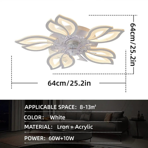 25.1 Inch Ceiling Fan With Lights And Remote Control, LED Flower Shape Flush Mount, size details, living room setting