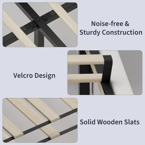 Game-Changing Queen Bed Frame With Dope White Velvet Wingback Headboard And Upholstered Platform Design Featuring Hardcore Metal Support And Thick Wood Slats For Solid Stability And Low-Key Luxury Vibes In Your Room - showing solid wooden slats and velcro design.