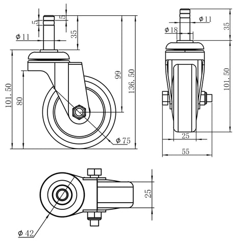 Heavy Duty Swivel Caster Wheels Set Of 4, 3 Inch TPR Rubber Rollers With 7/16 Inch Stem technical drawing with dimensions.
