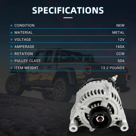 Beefed-Up 160 Amp Alternator For 2012 To 2023 Jeep Wrangler And Gladiator 3.6L V6 12V 6-Groove Pulley Direct-Fit Replacement Plug-And-Play Install Heavy-Duty Power Boost Today