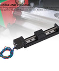 Linear slide stage actuator with NEMA 11 stepper motor, aluminum rail, ball screw drive, 100 mm travel, wired harness