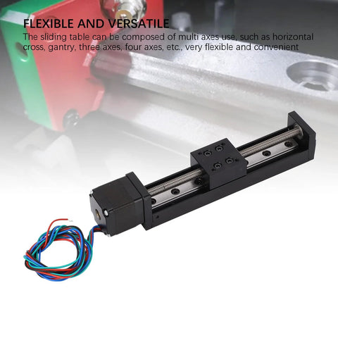 Linear slide stage actuator with NEMA 11 stepper motor, aluminum rail, ball screw drive, 100 mm travel, wired harness