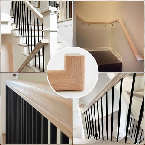 Premium Grade Six Foot Red Oak Handrail Kit With Rock Solid Brass 90 Degree Arms And No Sweat Wall Mount Setup Plus Complete Hardware For Quick Indoor Stair Renovations, showing various angles of installation.