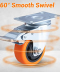 3 Inch Caster Wheels Set of 4 with Brakes, Quiet Polyurethane Casters for Shelves Gates Toolboxes, 360 Degree Swivel