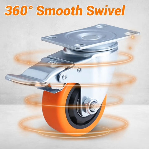 3 Inch Caster Wheels Set of 4 with Brakes, Quiet Polyurethane Casters for Shelves Gates Toolboxes, 360 Degree Swivel
