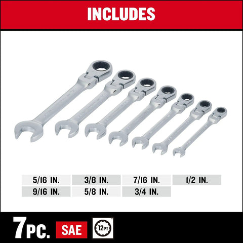 7-Piece SAE Flex Reversible 72-Tooth Ratchet Set With Chrome Finish, various sizes displayed, 180 Degree Flex Head