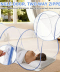Two Large Pop Up Mosquito Nets Set For Bed Camping And Travel Portable Foldable Bug Netting Mesh Canopy For Adults Includes Storage Bag 74.8 x 35 x 35 Inches Ideal For Patio Or Bedroom, showing a net in use indoors.