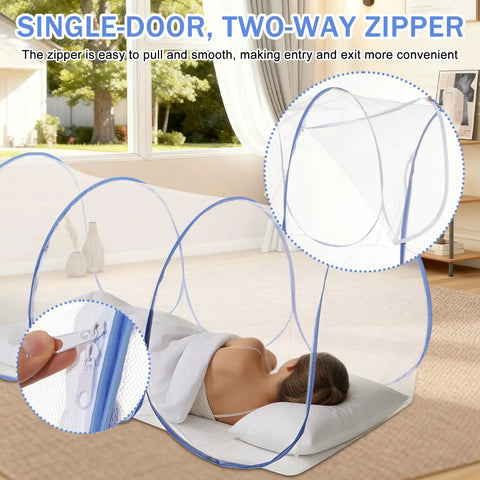 Two Large Pop Up Mosquito Nets Set For Bed Camping And Travel Portable Foldable Bug Netting Mesh Canopy For Adults Includes Storage Bag 74.8 x 35 x 35 Inches Ideal For Patio Or Bedroom, showing a net in use indoors.