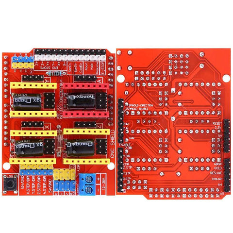 Four Axis CNC Shield V3 Expansion Kit for Arduino with DRV8825 stepper drivers, heatsinks, and jumper caps for engraving machines.