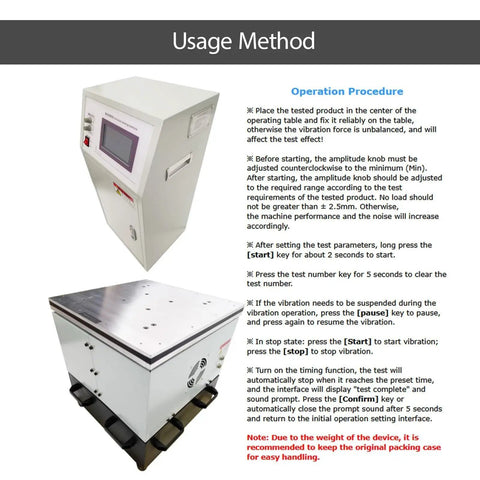 Usage method for Heavy Duty Vertical Vibration Testing Rig With Smart Programmable Console 60 Kg Load 1 To 400 Hertz Adjustable Range 110 Volt.