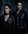 Badass Skull Rivet Studs With Screws In Silver Gray Finish on leather jackets worn by a couple in gothic attire.