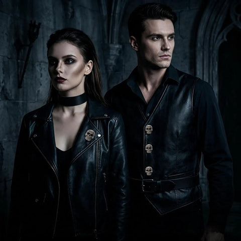 Badass Skull Rivet Studs With Screws In Silver Gray Finish on leather jackets worn by a couple in gothic attire.