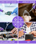 Compact 510 Thread Soldering Pen Kit With USB Rechargeable Battery shown in use for electronics repair and jewelry design.