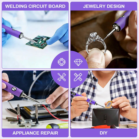 Compact 510 Thread Soldering Pen Kit With USB Rechargeable Battery shown in use for electronics repair and jewelry design.