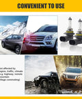 9006 Car High Low Beam Headlight Bulb 12V 55W 1200LM Quartz Glass shown with SUVs in various terrains