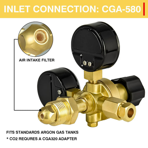 Brass CO2/argon welding regulator with dual gauges and CGA-580 inlet