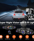 All-Around 360 Dash Cam With Four Lenses, showcasing night vision capability, interior view of passengers, and rear road scene.