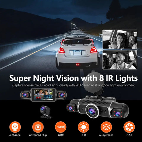 All-Around 360 Dash Cam With Four Lenses, showcasing night vision capability, interior view of passengers, and rear road scene.